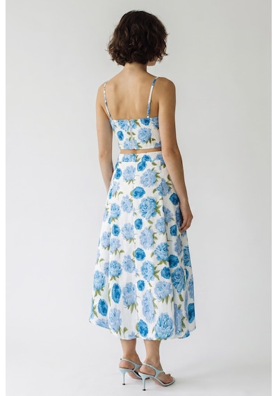 Kadın Çiçek Desenli Crop Bluz Ve Düğme Detaylı Midi Etek Takım 7697 60286365 - Ekru-mavi