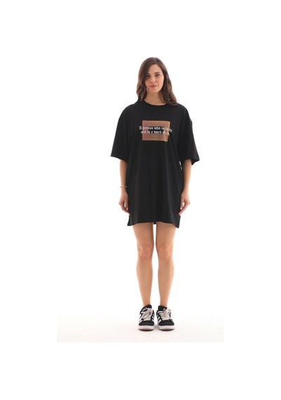 Kadın Baskılı T-shirt Kısa Kol Bisiklet Yaka Oversize Rahat Kalıp Tişört - Siyah