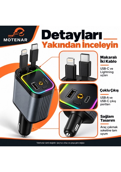 Motenar 4ü 1 Arada Makaralı Araç Şarj Cihazı Type-c Lightning