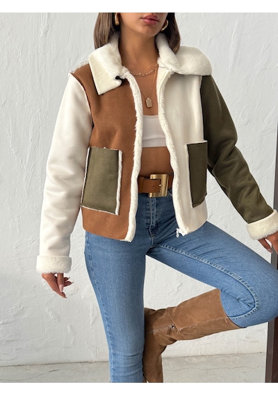 Verymoda Süet Tavşan Tüyü Lamine Mont F1988 Krem Haki Taba