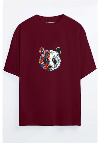 Renkli Panda Baskılı Bordo - Mavi Oversize T-shirt Bordo