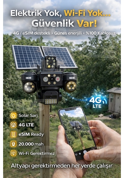 4 Lens 20mp 4g Güneş Enerjili Güvenlik Kamerası Sim Kartlı 128gb Sd Kart Ve 600gb İnternet