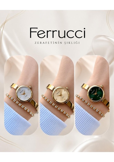 Ferrucci Küçük Vintage Kasa Çelik Kordon 3 Atm Kadın Kol Saati+bileklik Bfc.03768.2 Sarı