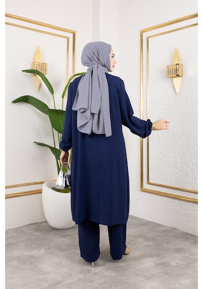 Nevayla Moda Ayrobin Kumaş İnci Detaylı Takım / T105 - Lacivert Lacivert