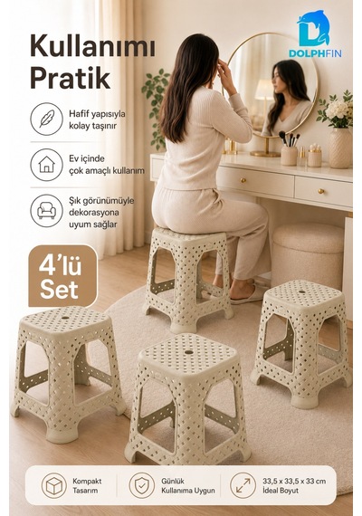 Hasır Görünümlü Küçük Plastik Tabure 4 Lü Set 33 Cm Krem Bej