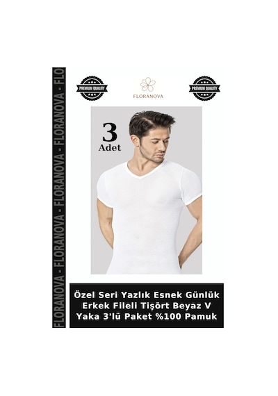 Floranova Özel Seri Yazlık Esnek Günlük Erkek Fileli Tişört Beyaz V Yaka 3'lü Paket %100 Pamuk