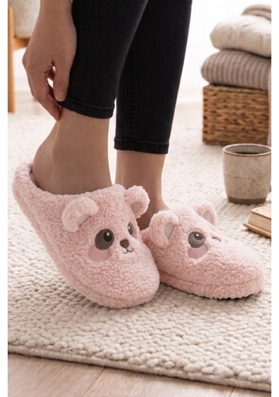 Modafrato Teddy Bear Kadın Ev Terliği Kışlık Terlik Kauçuk Ses Yapmayan Taban Pudra