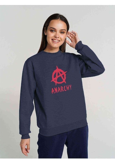 Anarchy Baskılı Indigo Mavi Kadın Sweatshirt