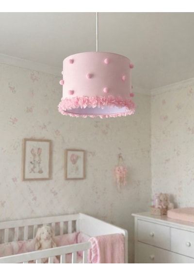 Pembe Ponponlu Çiçek Detaylı Bebek Odası Avizesi Pastel El Yapımı Tasarım Pastel Pembe