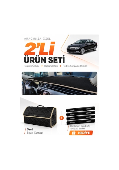 Volkswagen Passat B8 2015-2020 Uyumlu Torpido Örtüsü + Deri Bagaj Çantası + Sticker - Siyah Bej