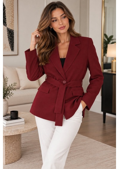 Lima Bordo Kadın Kuşaklı Blazer Ceket Klasik Yaka Tek Düğmeli Cepli Şık Ceket