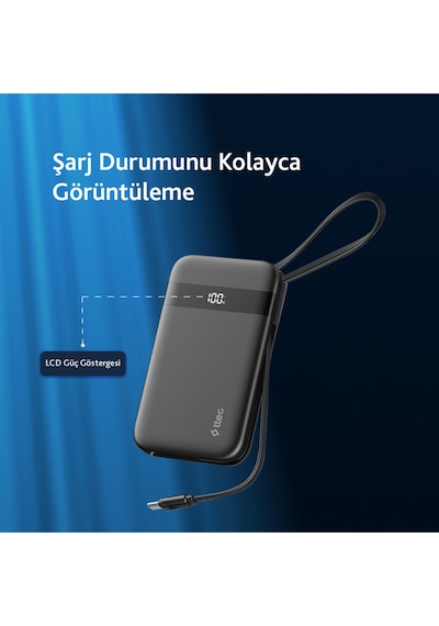 Ttec 2BB225S Recharger Pro LCD 10.000 mAh PD 30W Lightning Ve USB-C Dahili Kablolu Taşınabilir Powerbank