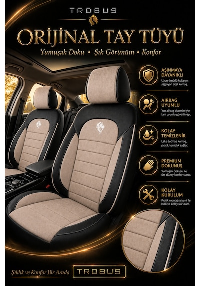 Toyota Aygo 2005-2021 Uyumlu Lion Serisi Bej Siyah Bej Oto Koltuk Kılıfı
