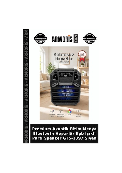 Premium Akustik Ritim Medya Bluetooth Hoparlör Rgb Işıklı Parti Speaker Gts-1397 Siyah
