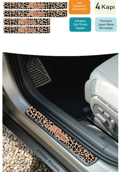 Queen Yazılı Leopar Desenli Karbon Kapı Eşiği Koruyucu Seti 4 Kapı Kadınlara Özel Premium Sticker