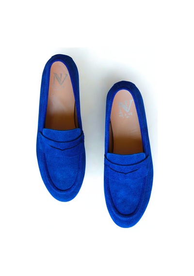 Ne&ve Shoes Mavi Süet Hakiki Deri Kadın Loafer Ayakkabı