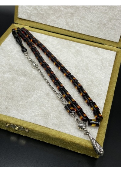 Onurlu Tesbihane Çift Renk Beyrut Tesbih Sarı Küt Kesim 7x11 Mm Erkek Tesbihi Gümüş