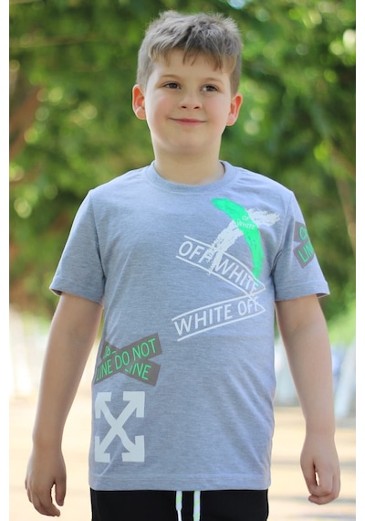 Panios Kids X Baskılı Sıfır Yaka Erkek Çocuk Gri T-shirt Gri