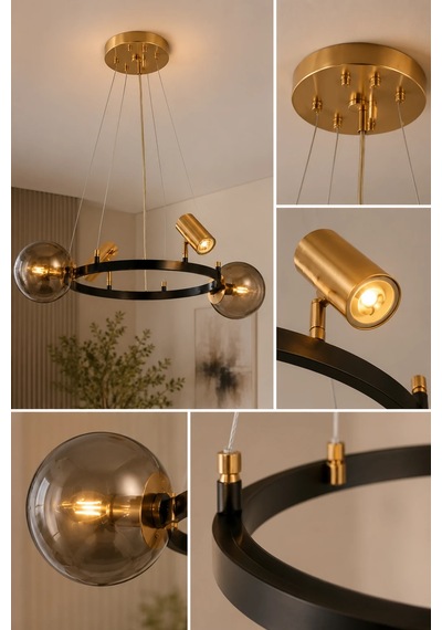 Modern Premium Gold Siyah Halkalı Avize 2xe14 + 2xgu10 Füme Camlı Sarkıt Avize
