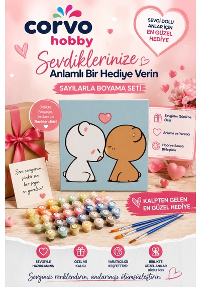 Sayılarla Boyama 20x20 Cm Tuval Seti Fırça Boya Dahil Çıtaya Gerili - Alnını Öpen Ayıcık Sevgiliye Hediye