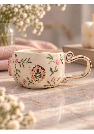 Rose Garden Kupa El Yapımı Seramik Beyaz - Çok Renkli