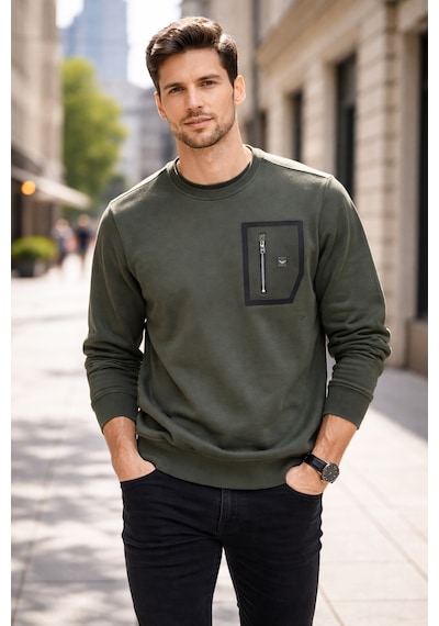 Remsa Erkek Fermuar Detay Bisiklet Yaka Pamuklu Sweatshirt 24722 Haki Haki Yeşil