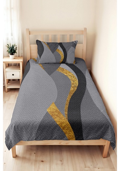 Gri Geometrik Modern Genç Odası Tek Kişilik Pike Takımı - Antrasit Gold 160x220 Cm Yatak Örtüsü Naif Anı Yumuşaklığı