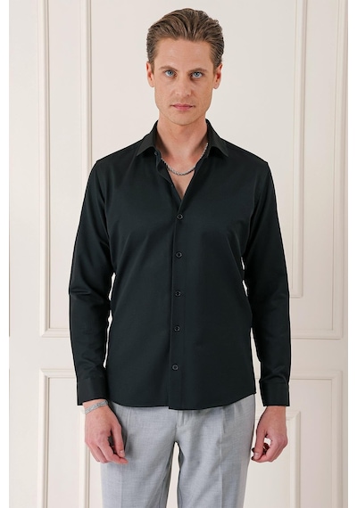 Efor Gk 718 Slim Fit Dokulu Pamuklu Klasik Siyah Gömlek Siyah