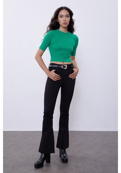 Benetton Yeşili Yarım Kollu Bisiklet Yaka Triko Kazak Swk4490By Yeşil