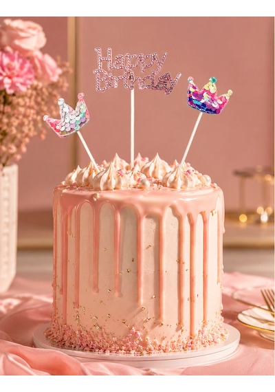 Pasta Üstü Çubuklu Happy Birthday Taşlı Pullu 3 Parça Süs Doğum Günü Parti Dekoru +3