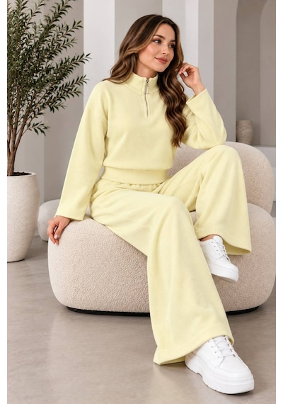 Aymiraa Kadın Triko İkili Takım Fermuarlı Sweatshirt Geniş Paça Pantolon Salaş Oversize Rahat Günlük Takım Sarı Sarı Aymiraa Kadın Triko İkili Takım Fermuarlı Sweatshirt Geniş Paça Pantolon Salaş Oversize Rahat Günlük Takım Sarı Sarı