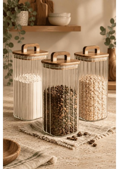 Atbyhome 3'lü Kulplu Akasya Ahşap Kapaklı Çizgili Cam Kavanoz Seti 1850 Ml - Vakumlu Kare Spagetti Erzak Kabı