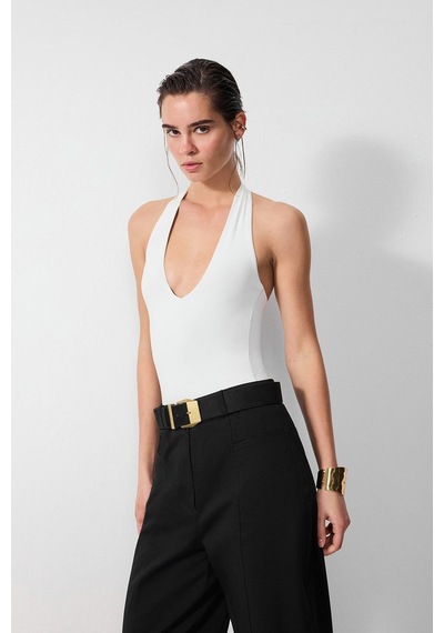 Vatkalı Derin V Yaka Bodysuit-16648 Ekru