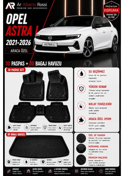 Opel Astra L 2021-2026 Araca Özel 3d Paspas + 3d Bagaj Havuzu