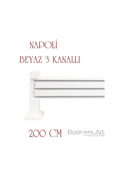 Napoli Ahşap Başlıklı 3 Kanallı Alüminyum Dekoratif Ray Korniş Modern Rustik Beyaz 200 Cm Beyaz