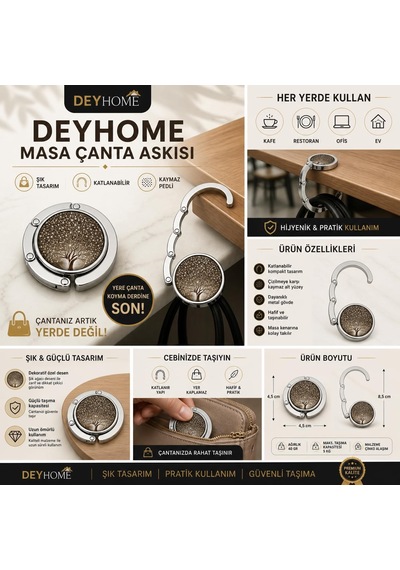 Masa Çanta Askısı, Katlanabilir, Kaymaz Pedli, Dayanıklı Metal Gövde, Kompakt Tasarım Desen 4