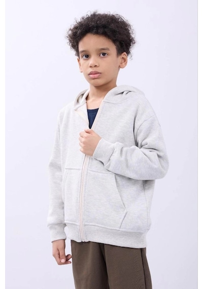 Erkek Çocuk Kapüşonlu Kanguru Cepli Tam Fermuarlı Hırka Sweatshirt - Gri