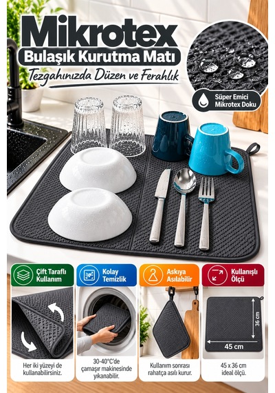Antrasit Bez Mikrotex Bulaşık Kurutma Matı 45x36 Cm Süper Emici Katlanabilir Tezgah Üstü Kurutma Matı