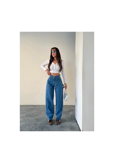Blue Marlın Yan Kemer Mavi Tokalı Kargo Cep Detaylı Baggy Jeans Mavi