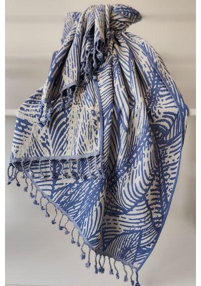 Jakarlı Müslin Peştemal-yaprak Desen-90x170 Cm Indıgo Indigo