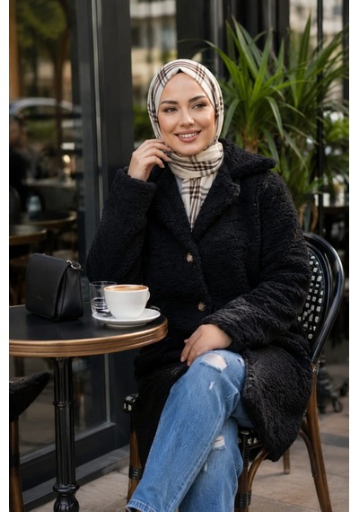 Hb Harma Time Butik Kadın Astarlı Düğmeli Kruvaze Siyah Peluş Kaban