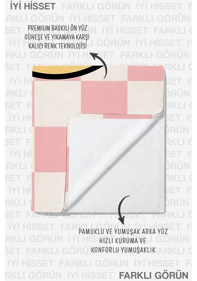 Gülen Yüz Pembe Kareli Plaj Havlusu - Modern Pastel Çocuk Havuz Deniz Hızlı Kuruyan Mikrofiber Havlu Sessiz Defne