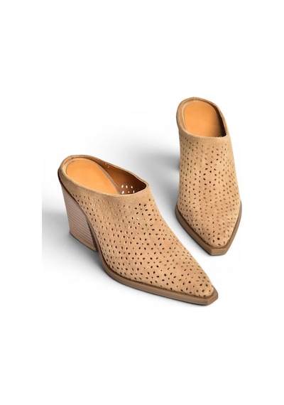 Fox Shoes Y654930702 Vizon Hakiki Deri Süet Western Topuklu Kadın Terlik