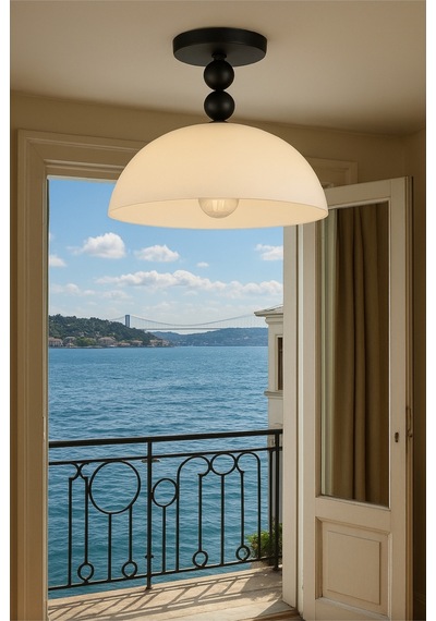 Modern Siyah Metal Gövdeli Opal Cam Yarı Sarkıt Tavan Avize E27 Duy Salon Mutfak Aydınlatma Siyah