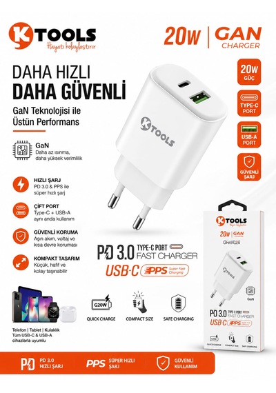 20w Gan Hızlı Şarj Adaptörü Usb-c Pd 3.0 + Usb-a Pps Çift Port Duvar Şarj Cihazı