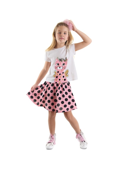 Puantiyeli Çita Kız Çocuk Yazlık T-shirt Pembe Etek Takım