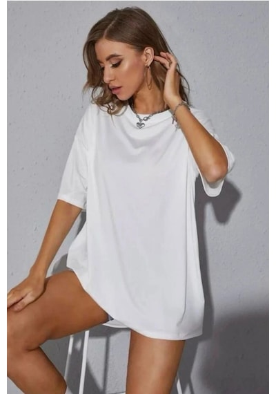 Startmore Kadın Oversize Dökümlü Tok Kumaş Tişört Beyaz