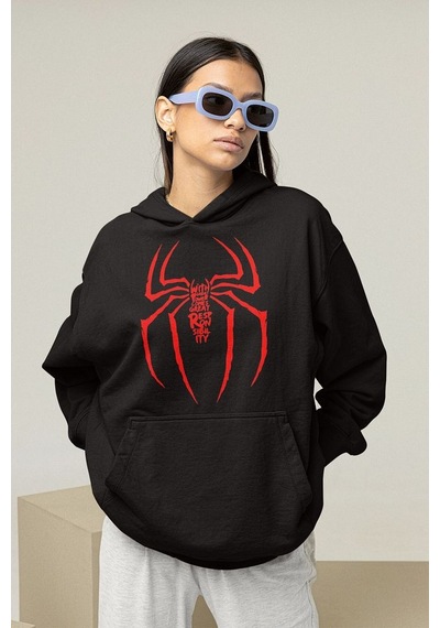 Sevbano Spider-man Logo Baskılı Unisex Oversize Örümcek Adam Hoodie Siyah