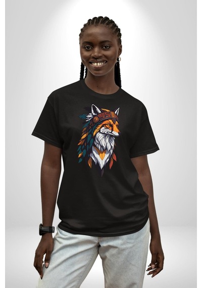 Kızılderili Tilki Pamuklu Bisiklet Yaka Unisex Oversize Boyfriend Dijital Baskılı Siyah T-shirt Siyah