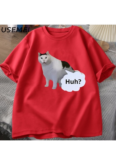 Flood Of Style Huh Kedi Komik Meme T Shirt Erkek Kadın Absurd Weirdcore T-shirt Rahat Yuvarlak Boyun Pamuk K Kırmızı